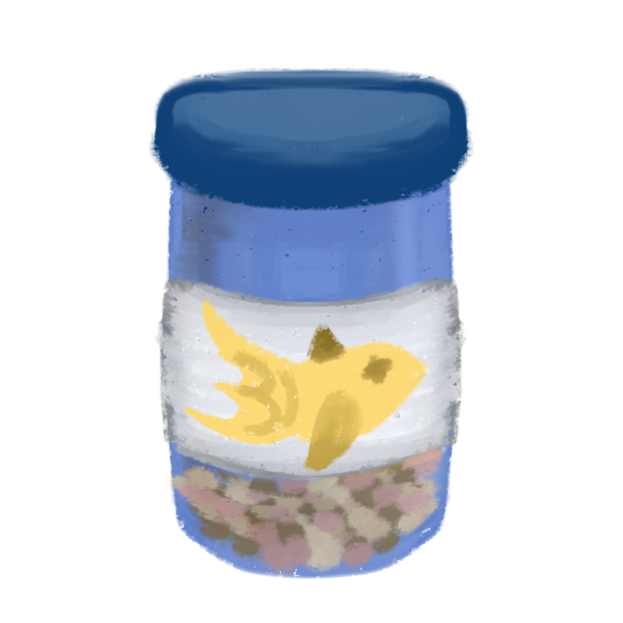 a digital illustration of a container of fish food. The container is cylindrical with a blue lid and blue body. A label wraps around the middle, featuring an illustration of a yellow fish in a simple, cartoonish style. The lower part of the container shows a mixture of small, round food pellets in various shades of pink, brown, and beige.